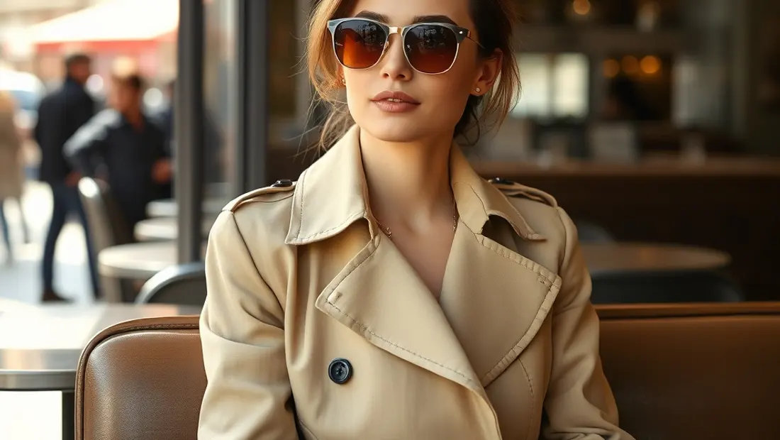 Femme dans un café avec un trench beige