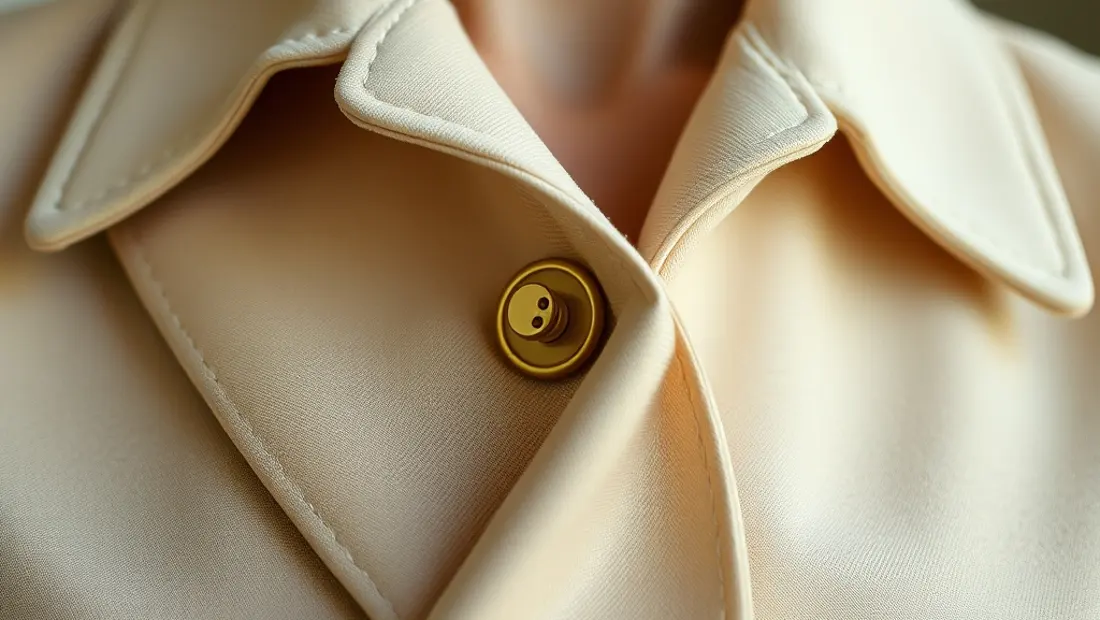 Détail du blazer beige avec couture et boutons en or