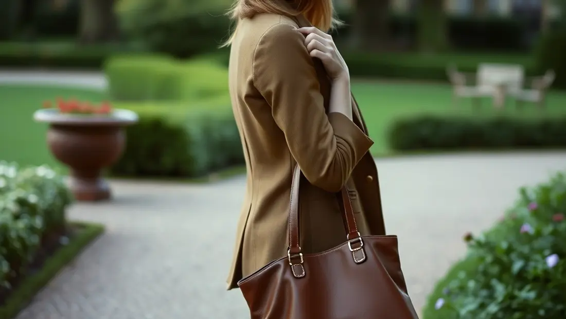 Femme tenant un sac à main en cuir marron dans un jardin.