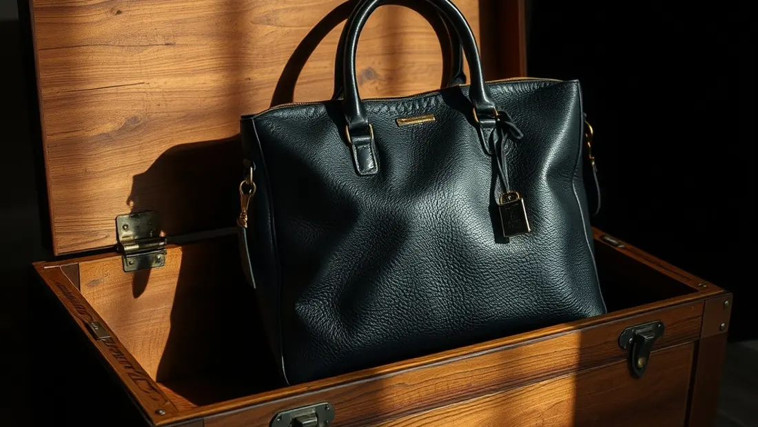 Sac à main en cuir noir posé sur un coffre en bois.