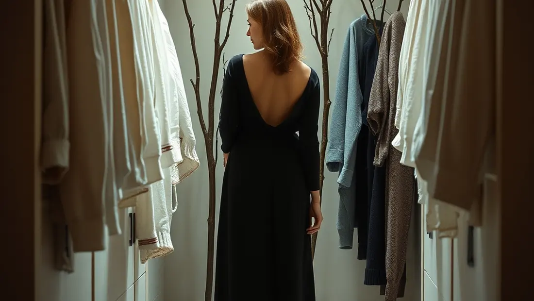 Une femme dans un dressing avec des vêtements accrochés.