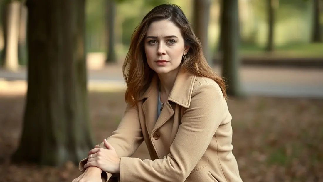 Veste en laine beige sur un banc de bois.
